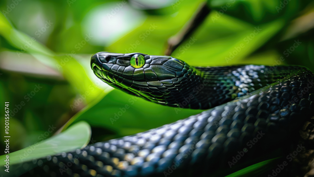Portrait of a snake in the jungle, scales in focus and blurred leaves behind Portrait of a snake in the jungle, scales in focus and blurred leaves behind