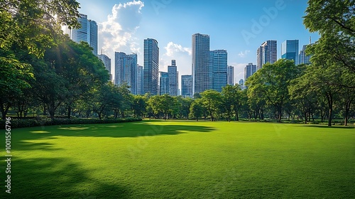 Public park and highrise buildings cityscape in metropolis city center  Green environment city and downtown business district in panoramic view : Generative AI photo