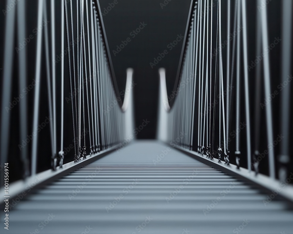 Naklejka premium High-resolution image of a suspension bridge, tension and compression in cables highlighted, structural mechanics, force equilibrium concept