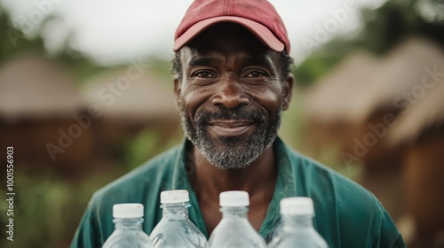 A man in a red cap joyfully presents water bottles, promoting sustainable practices in a rustic village setting, highlighting community and environmental awareness. photo