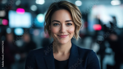 A young woman with a short hairstyle smiles confidently at the camera, framed by a softly blurred background suggesting a professional business environment.