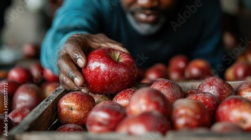 A man with a beard carefully selects a shiny red apple from a wooden crate filled with fresh apples at a local market, focusing on quality and ripeness. photo