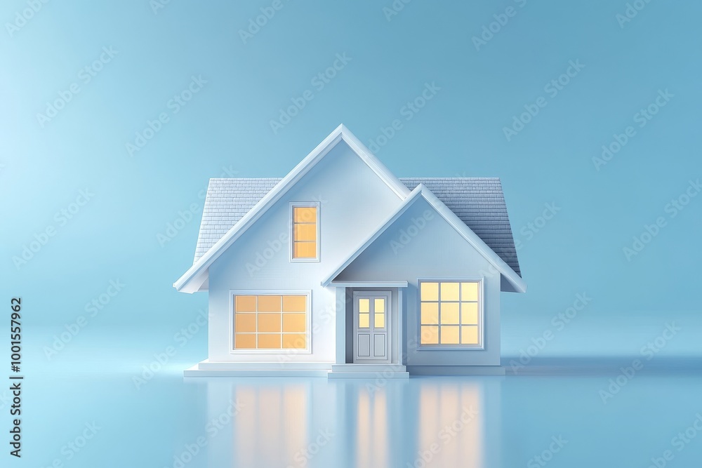 simple house with white walls and a gray roof, illuminated by bright lights inside the windows on