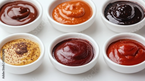 A collection of rich and diverse sauces is artfully arranged in clean white bowls against a pristine white backdrop, enhancing any culinary presentation.