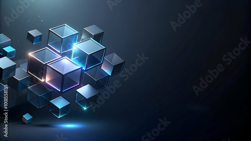 Abstract 3D Cube Network: A constellation of sleek, metallic cubes levitates in the air, bathed in a luminous glow. The vibrant, dynamic design evokes a sense of connectivity, innovation.
