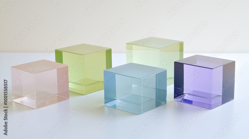 set of transparent acrylic blocks in different sizes and colors, arranged on the right side of an all-white set of transparent acrylic blocks in different sizes and colors, arranged on the right side of an all-white