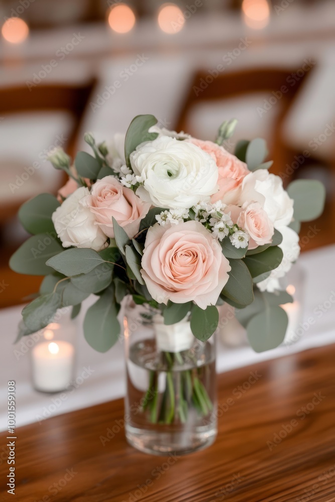 A beautiful bouquet of pastel roses and greenery in a glass vase on a wooden table.