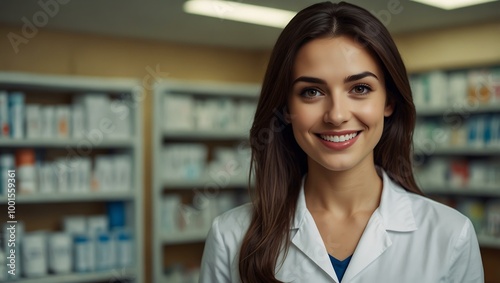 Confident female pharmacist smiling in a drugstore.