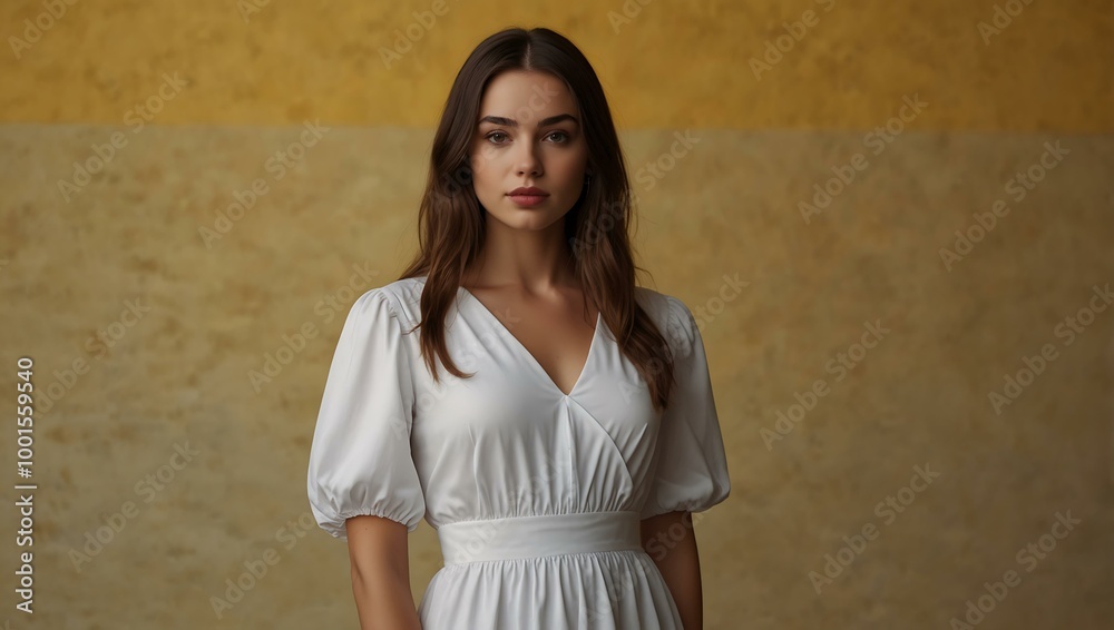 Confident young woman in a white dress against a yellow background. Confident young woman in a white dress against a yellow background.
