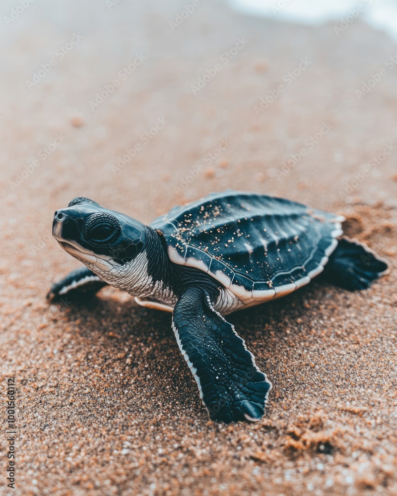 Obraz premium A baby turtle crawling on sandy beach towards the ocean.