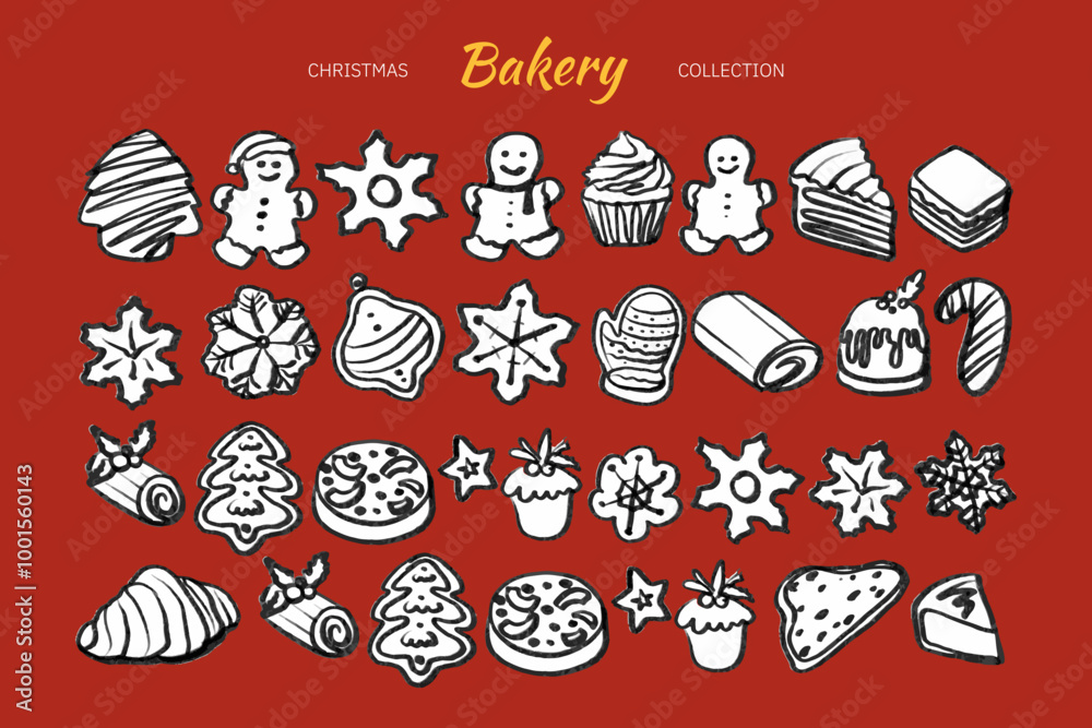 Isolated vector set of Christmas Bakery. Hand drawn and chalked cookies, barolls, pies, cakes, pastries, croissants, panettone, strudel. Vintage template with pastries sketch. Fresh bakery. Shop.