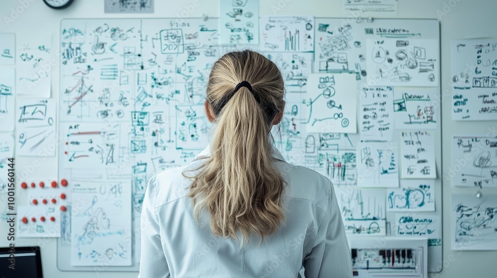 Analyst solving a puzzle, staring at a board full of notes and sketches, unraveling complex ideas Analyst solving a puzzle, staring at a board full of notes and sketches, unraveling complex ideas
