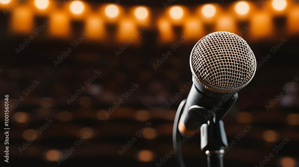 Spotlight shining on a microphone in a packed theater, speech or musical performance mood Spotlight shining on a microphone in a packed theater, speech or musical performance mood