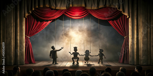 Puppet Show on a Grand Stage: A captivating image of a puppet show unfolding on a grand stage, complete with rich red curtains and a shadowy, atmospheric setting. photo