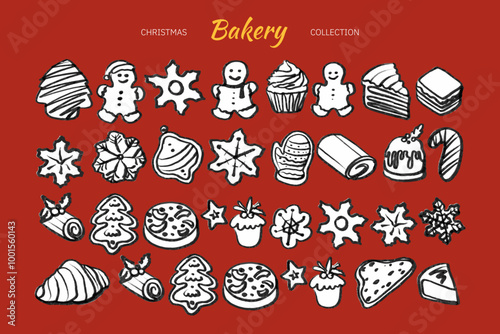 Isolated vector set of Christmas Bakery. Hand drawn and chalked cookies, barolls, pies, cakes, pastries, croissants, panettone, strudel. Vintage template with pastries sketch. Fresh bakery. Shop.