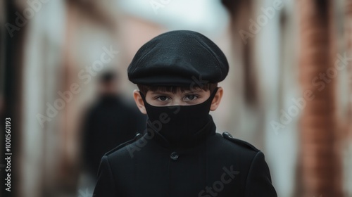 A young boy dressed in dark attire and a cap gazes intently through a face mask, standing in a blurred background setting, conveying a mysterious vibe.