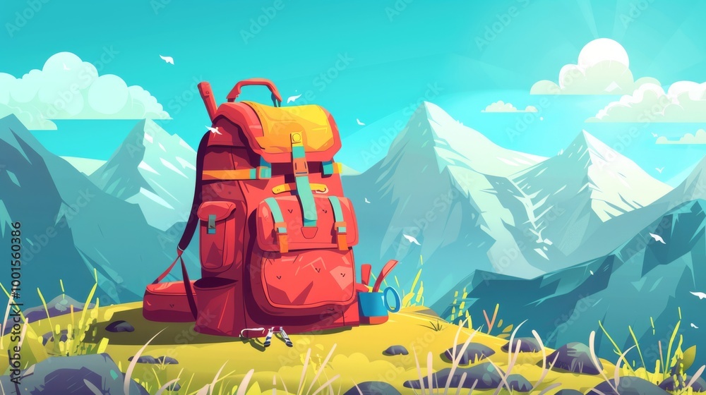Naklejka premium Time to hike banners, hiking camping adventure concept with backpack, stuff and equipment. Travel trip, outdoors expedition journey, tourism recreation, cartoon modern illustration.