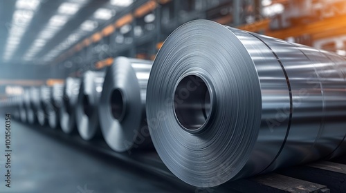 Galvanized steel rolls neatly aligned in a modern industrial warehouse, representing advanced metal production