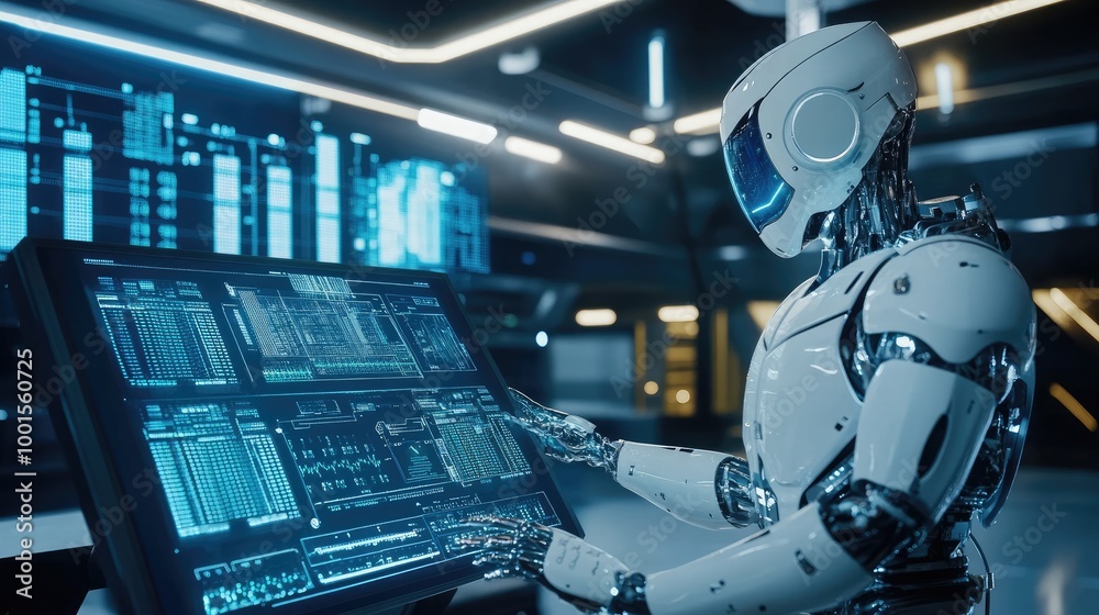 AI robot interacting with a tablet in a futuristic control room, managing real-time data