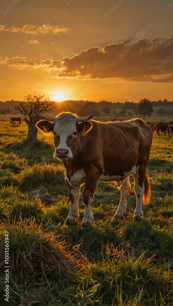 Cow under a golden sunset, creating a serene rural scene. Cow under a golden sunset, creating a serene rural scene.