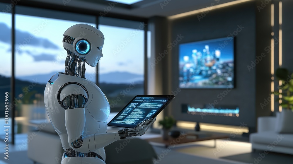 Fototapeta premium AI robot managing tasks on a tablet, modern smart home with advanced technology features
