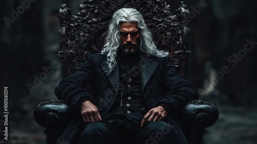 A long-haired man with a solemn expression sits on an ornate throne with dark details, creating a powerful, mysterious image that suggests authority and wisdom.