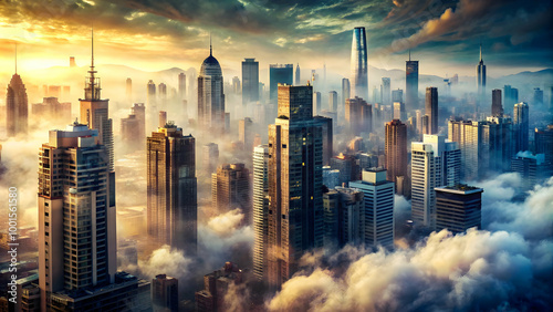 City in the Clouds: A breathtaking aerial view of a modern metropolis shrouded in mist, bathed in the golden light of sunrise or sunset.  The image evokes a sense of mystery, ambition. photo