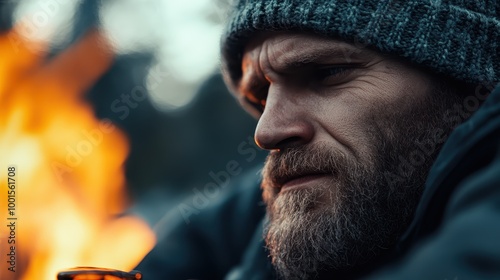 A rugged bearded man dressed warmly, sitting reflectively close to a crackling campfire, creating a scene of warmth amid winter's cold silence and solitude.