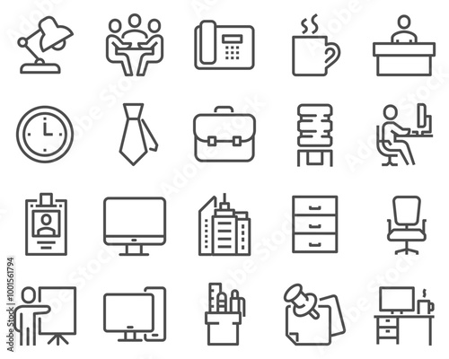 A simple set of icfice vector icons. Contains such icons as a business meeting, workplace, office building, reception and much more. Editing move.
