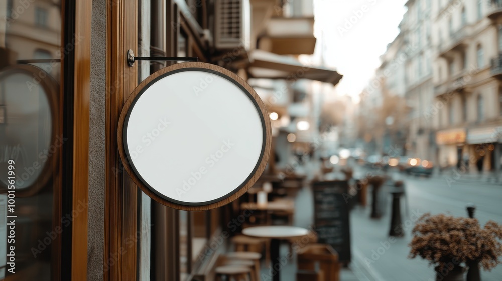 Wooden sign mockup hanging on cafe wall with urban street background Wooden sign mockup hanging on cafe wall with urban street background