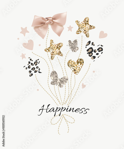 happiness slogan with balloon heart and star glitter vector illustration for girl fashion print 