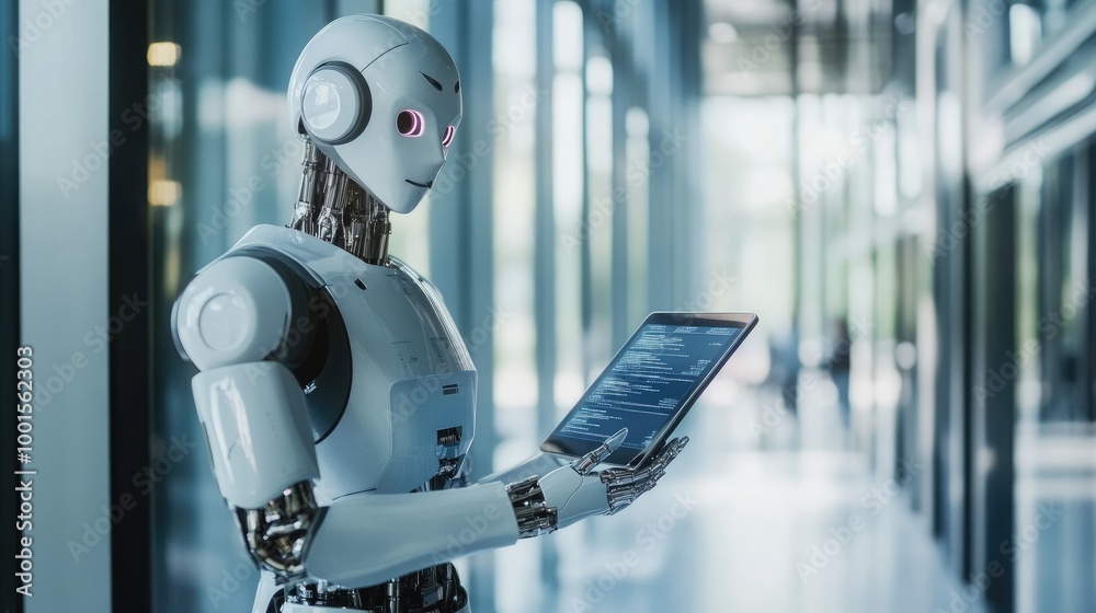 AI robot with a tablet in a modern office, showcasing an advanced user interface and data metrics AI robot with a tablet in a modern office, showcasing an advanced user interface and data metrics