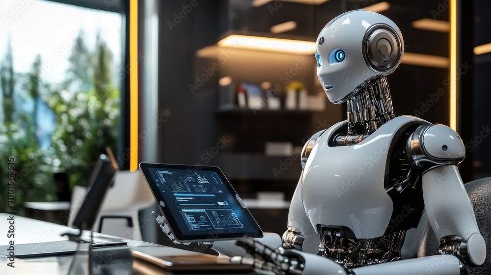Fototapeta premium AI robot with a tablet, navigating virtual controls in a sleek, high-tech workspace