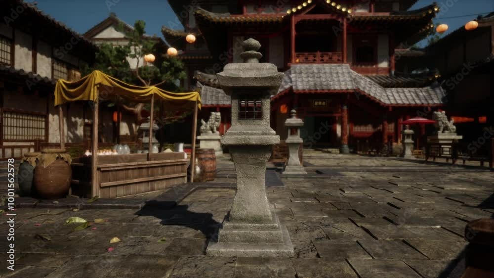 In a bustling market in Japan, a traditional stone lantern stands prominently among wooden stalls and colorful decorations, creating an inviting atmosphere for visitors and locals. In a bustling market in Japan, a traditional stone lantern stands prominently among wooden stalls and colorful decorations, creating an inviting atmosphere for visitors and locals.