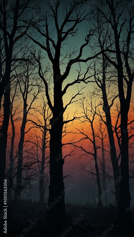 Creepy forest scene with twisted tree silhouettes on a gradient background. Creepy forest scene with twisted tree silhouettes on a gradient background.