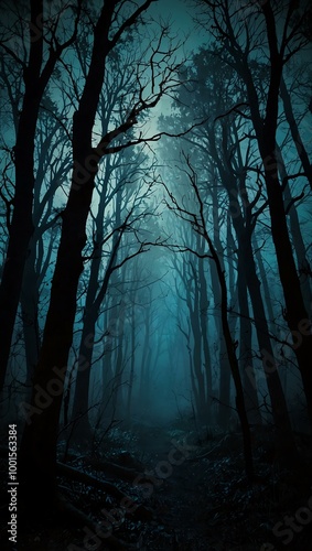 Creepy forest scene with twisted tree silhouettes on a gradient background.