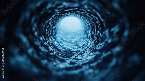 Captured in an intriguing deep blue tunnel, this view directs focus to a luminous exit, symbolizing escape, progress, and the journey from shadow into light.