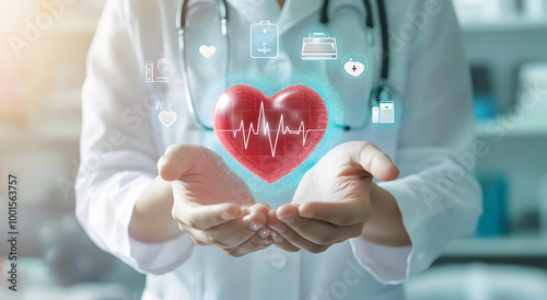 Doctor Holding Digital Heart Icon Representing Healthcare and Cardiovascular Health