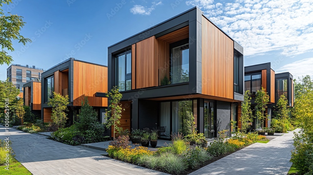 modern Scandinavian townhouses with natural wooden cladding and sleek black facades, embodying minimalist design and harmonious integration of nature and architecture