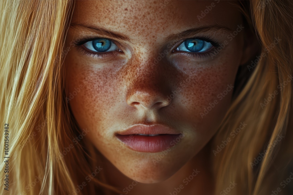 Intense blue eyes freckles in close-up portrait Intense blue eyes freckles in close-up portrait