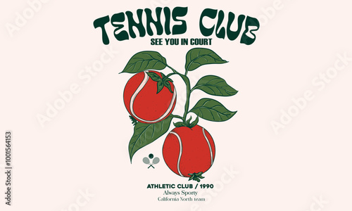 Pomegranate fruit. Sport logo. Tennis club vector t-shirt design. Tennis league graphic print design. College font racket tournament. Organic food artwork for for tee. Vintage artwork for sportswear. 
