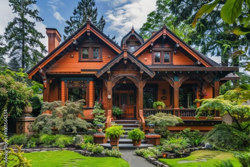 Bold Craftsman-style house painted in burnt orange with ornate wood trim and a lush front yard.