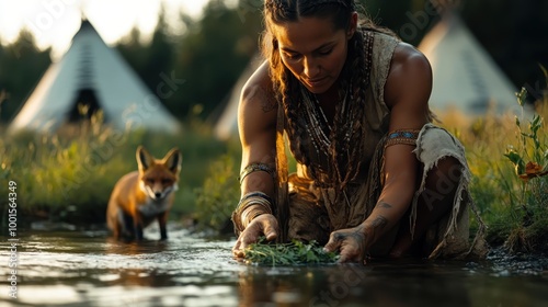 A woman kneels in a creek gathering herbs, with a fox nearby and teepees in the background, evoking themes of nature and traditional living.