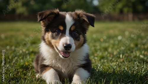 Cute collie puppy playing in grass.