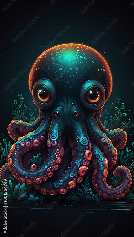 Cute octopus illustration on a neon dark background. Cute octopus illustration on a neon dark background.