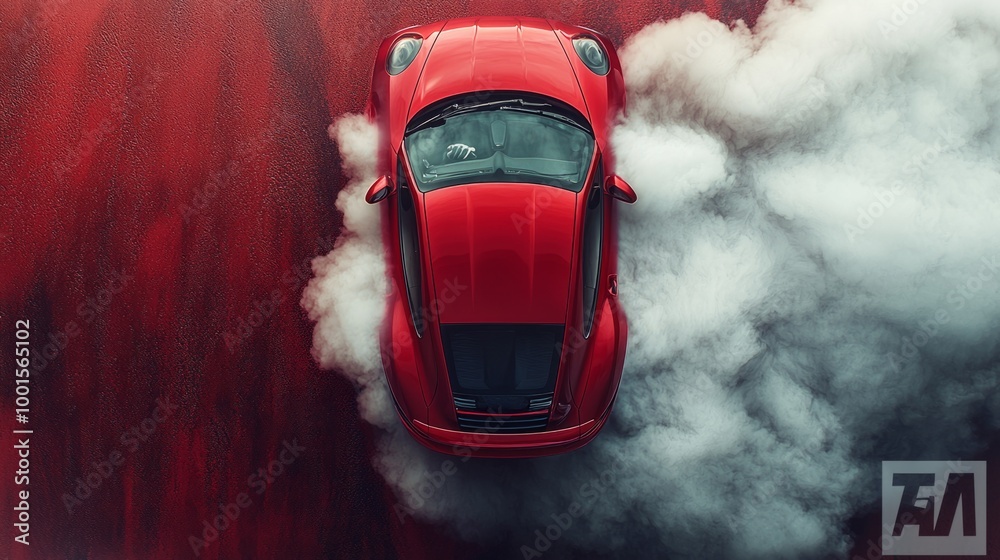 Fototapeta premium Aerial top view car drifting diffusion race drift car with lots of smoke from burning tires on speed track, Professional driver drifting car with lots of white smoke.