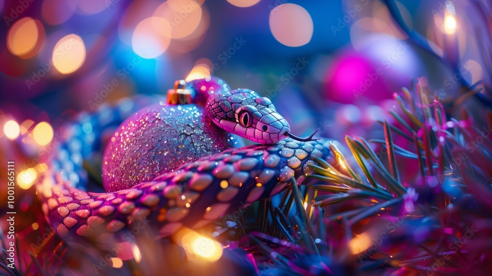 A colorful snake is curled up next to a Christmas ornament A colorful snake is curled up next to a Christmas ornament