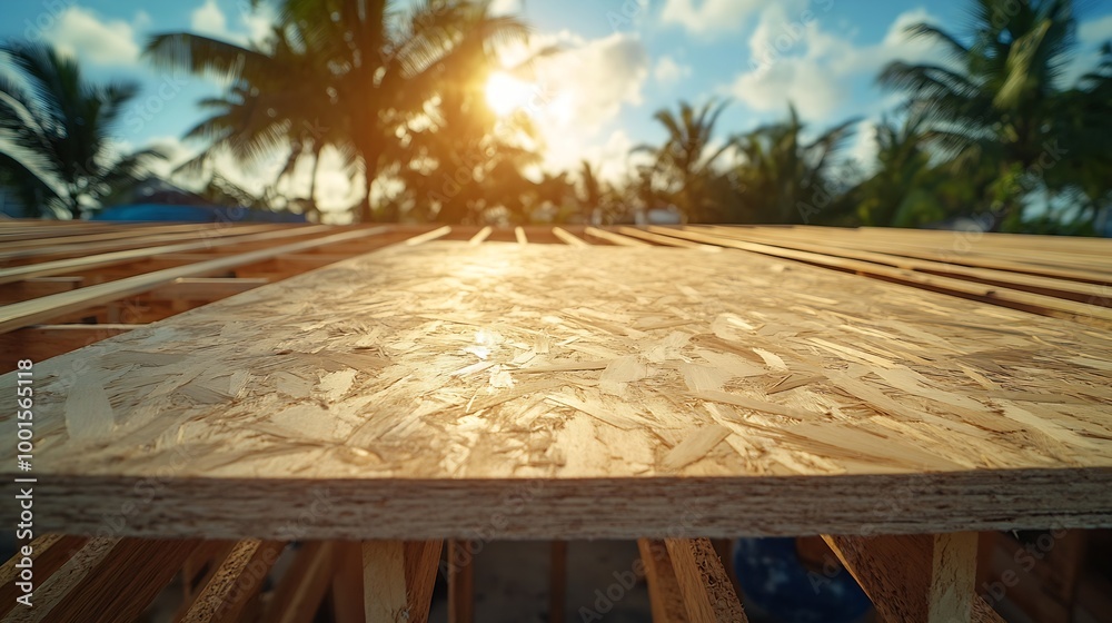 front view medium distance of plywood roofing being nailed to roof rafters at a tropical construction site : Generative AI front view medium distance of plywood roofing being nailed to roof rafters at a tropical construction site : Generative AI