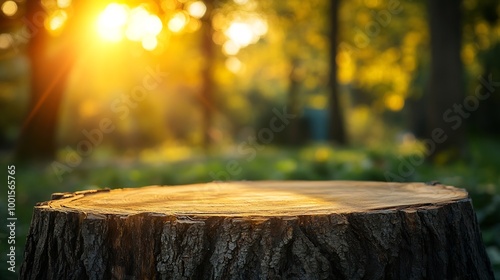 Tree trunk stump as a table in a nature garden park on holiday With a drooping tree branch trunk with a smooth surface to show your products trees and sunlight in background : Generative AI