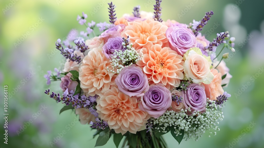 A stunning bouquet of peach and lavender dahlias, purple-pink Portofino roses, lavender sprigs, and baby's breath, surrounded by soft green foliage, in an English garden on a summer day A stunning bouquet of peach and lavender dahlias, purple-pink Portofino roses, lavender sprigs, and baby's breath, surrounded by soft green foliage, in an English garden on a summer day